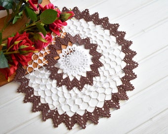 Large doily 16 inches Round crochet doilies White and Brown doily Large crochet doily Crochet decoration 442