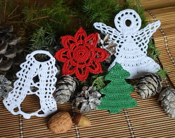 Christmas ornaments Set of 4 ornaments Crochet Christmas Winter decor Christmas decorations Angel ornament Christmas flower Bell ornament