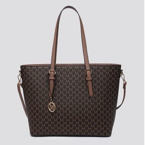Vegan Leather Tote Bag: Monogram Pattern, Detachable Strap, Chic Office Style