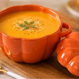 Pode incluir: Uma tigela de sopa de cerâmica laranja em forma de abóbora com duas alças laterais, cheia de uma sopa laranja cremosa coberta com ervas. Ao lado da tigela, há uma tampa a condizer em forma de abóbora com um caule dourado e uma colher dourada.