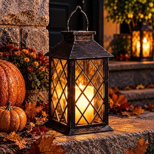 May include: A black metal lantern with a distressed finish and a diamond-patterned glass frame. The lantern features a top handle and contains a glowing, cylindrical pillar candle inside, emitting a warm, bright light through the glass panes.