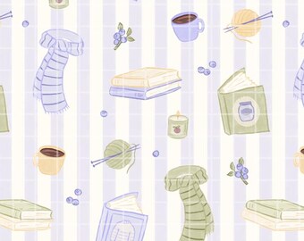 Patrones sin costuras de otoño, arándanos, mermelada, tejido, libros, café, patrón sin costuras PNG, papel digital, dibujado a mano