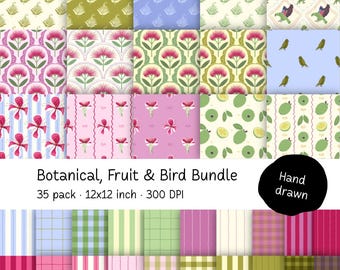 Paquete de 35 patrones sin costuras de pájaros botánicos y frutas, colección de papeles digitales coordinados, estampado floral de vieiras y cuadros, estilo tropical, Nueva Zelanda.