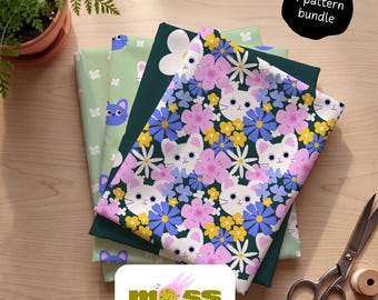 Paquete de patrones sin costuras de gatos y flores, gatito floral y flores prensadas a juego, papel digital verde, sublimación, kawaii, repetitivo, PNG
