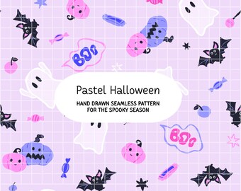 Patrones sin costuras de Halloween, fantasmas, murciélagos, calabazas, ¡Bu!, dibujados a mano, papel digital, rosa pastel, PNG de 300 DPI