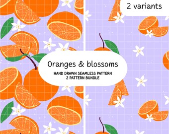 Diseño sin costuras de flores de cítricos naranjas, diseño botánico de superficie de lavanda (descarga digital)