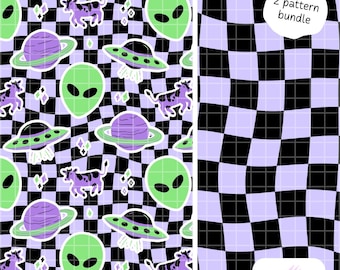 Patrón sin costuras de abducción alienígena Y2K PNG, lila negro, vaca OVNI Saturno Papel digital
