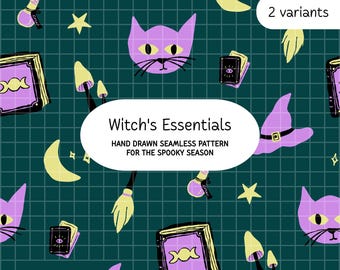 Diseño sin costuras de brujas para Halloween, gatos caprichosos, libro de hechizos, papel digital de pociones, verde oscuro (2 variantes).