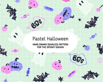 Patrón sin costuras de Halloween dibujado a mano en tonos pastel, fantasmas, murciélagos y calabazas en verde menta (descarga digital)