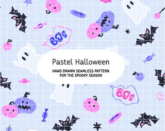 Patrón azul sin costuras de Halloween PNG, fantasma, murciélago, calabaza, descarga digital espeluznante, pastel, PNG para uso comercial