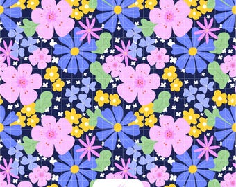 Diseño maximalista de flores silvestres en papel digital floral azul marino intenso, estampado botánico dibujado a mano.