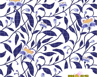 Patrón botánico sin costuras de inspiración folclórica PNG, enredadera floral de mapache oculta, papel digital azul marino, patrón de superficie