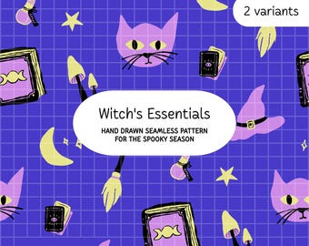 Patrón sin costuras de Halloween con temática de brujas, poción de tarot de gato morado, papel digital espeluznante (descarga digital)