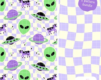 Patrón sin costuras de abducción alienígena Y2K PNG, lila crema, papel digital de vaca OVNI Saturno