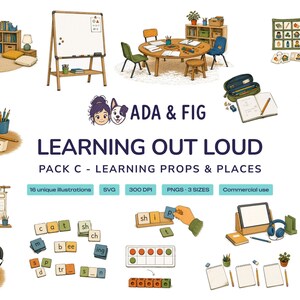 Classroom Clipart, 16 Hand Drawn School Objects & Learning Props, Reading Corner Whiteboard Flashcards Tablet, PNG SVG, Commercial Use