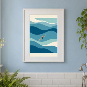 Wild Swimming Print, Blue Ocean Waves, Coastal Wall Art, Gift for Swimmers