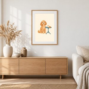 Illustration murale pour amoureux des chiens : Cockapoo prenant son café du matin, Cockapoo abricot à la table d'un café
