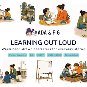 Education Illustration Bundle, 47 Hand Drawn School Learning Clipart Set, Scenes Kids Props Patterns, PNG SVG 300 DPI, Commercial Use