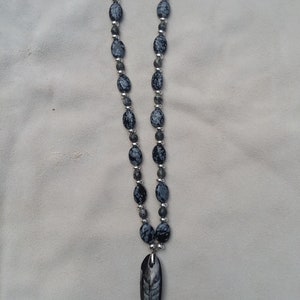 Snowflake Obsidian Bead Necklace with Trilobite Pendant