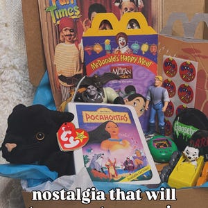 May include: A collection of 1990s memorabilia including a Fun Times magazine, a McDonald's Happy Meal box featuring Mulan, a Pocahontas VHS case, a black Ty Beanie Baby panther, a John Smith action figure, a green digital pet, and Goosebumps items.