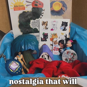 May include: A collection of vintage toys and memorabilia including a blue Tamagotchi keychain, a Pocahontas figure, a red plush lobster, a Minnie Mouse figurine, a Smoking Stinks button, a sheet of kitten stickers, and an Eric Carle Happy Meal advertisement.
