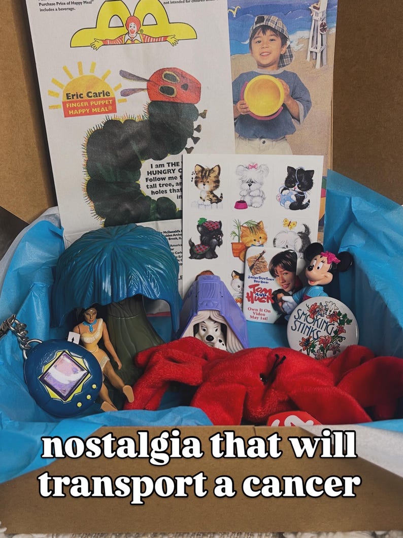 May include: A collection of vintage toys and memorabilia including a blue Tamagotchi keychain, a Pocahontas figure, a red plush lobster, a Minnie Mouse figurine, a Smoking Stinks button, a sheet of kitten stickers, and an Eric Carle Happy Meal advertisement.