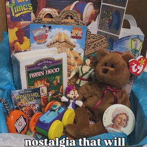 May include: A collection of 1990s memorabilia including a Fun Times magazine, a Disney Robin Hood VHS, a Homeward Bound II movie case, a brown Ty Beanie Baby bear, a small plastic toy car, a Tamagotchi, and a round American Girls Collection pin.
