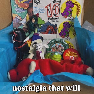 May include: A collection of vintage McDonald's Happy Meal toys and paper ephemera including a Mulan figure on a black horse, a Dalmatian puppy, a green caterpillar, a red plush toy, Colasaur stickers, and a button reading I know 50 ways.