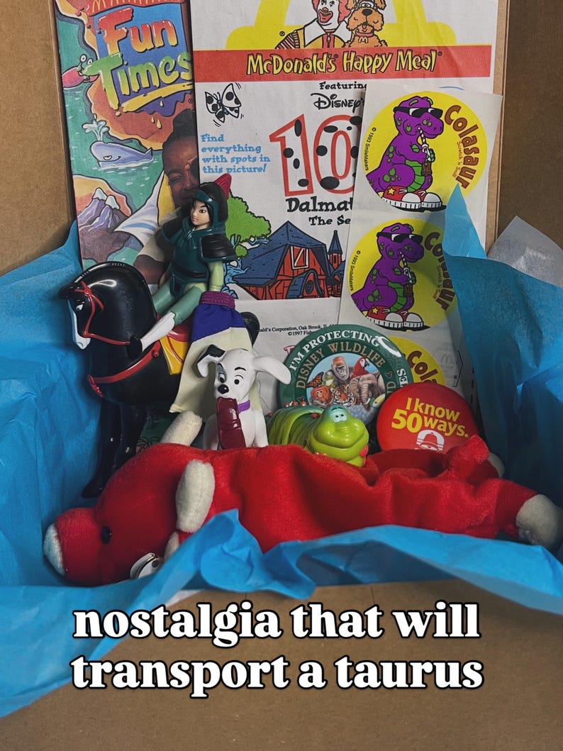 May include: A collection of vintage McDonald's Happy Meal toys and paper ephemera including a Mulan figure on a black horse, a Dalmatian puppy, a green caterpillar, a red plush toy, Colasaur stickers, and a button reading I know 50 ways.