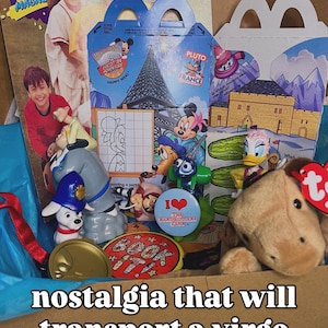May include: A collection of vintage 1990s memorabilia including a McDonald's Happy Meal box featuring Epcot '94, a Book It! pin, a small plush dog with a Ty tag, a plastic Daisy Duck figure, a Dalmatian toy, and a magazine cover with children.