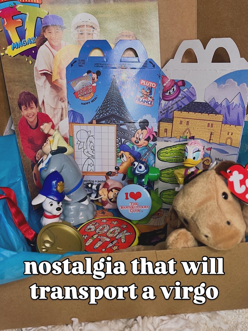May include: A collection of vintage 1990s memorabilia including a McDonald's Happy Meal box featuring Epcot '94, a Book It! pin, a small plush dog with a Ty tag, a plastic Daisy Duck figure, a Dalmatian toy, and a magazine cover with children.
