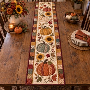 May include: A rectangular quilted table runner featuring a central cream-coloured panel decorated with appliqued pumpkins, sunflowers, and autumn leaves. The border consists of small, multi-coloured fabric squares in shades of red, orange, and green.