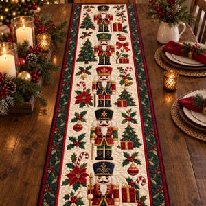 May include: A rectangular fabric table runner featuring a repeating pattern of nutcracker figures, Christmas trees, poinsettias, candy canes, and ornaments. The design is set against a cream background with a dark green and red holly leaf border.