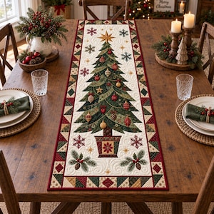 May include: A rectangular quilted table runner featuring a central Christmas tree design in shades of green, decorated with red and gold ornaments, a star topper, and a patterned pot, surrounded by a border of red, green, and cream geometric shapes.