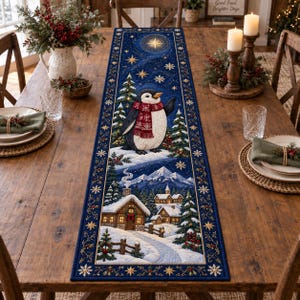 Christmas Penguin Quilted Table Runner, Winter Village Holiday Dining Decor