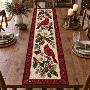 Pode incluir: Um caminho de mesa retangular com um painel central creme apresentando um padrão acolchoado de dois cardeais vermelhos, flores de magnólia brancas, folhas de azevinho verdes, pinhas e bagas vermelhas, bordado por um tecido vermelho escuro.