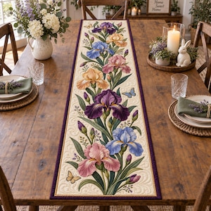 Iris Flower Butterfly Quilted Table Runner, Spring Botanical Dining Decor