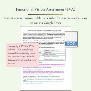 Op de afbeelding: Een digitaal sjabloon voor een functioneel visueel beoordelingsrapport (FVA) voor Google Docs. Het document bevat secties voor achtergrondinformatie, oogdiagnoses en klinische statistieken, met een blauw DOC-pictogram en een roze notitie.