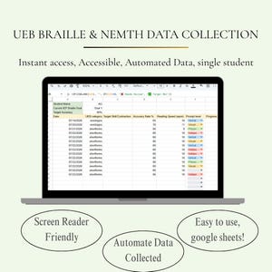 May include: A laptop screen displaying a spreadsheet titled UEB BRAILLE & NEMTH DATA COLLECTION. The sheet tracks student progress with columns for date, skill, accuracy, and reading speed. Below are three ovals with text: Screen Reader Friendly, Automate Data Collected, and Easy to use, google sheets!