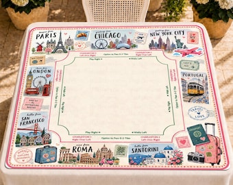 May include: A square game mat featuring a travel-themed design with illustrations of Paris, Chicago, New York City, London, San Francisco, Rome, and Santorini. The center includes game instructions and directional arrows printed on a cream background.