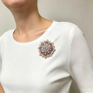Vintage Purple Flower Brooch Elegant Crystal Rhinestone Floral Pin Amethyst Color Statement Jewelry Victorian Style Gift for Her