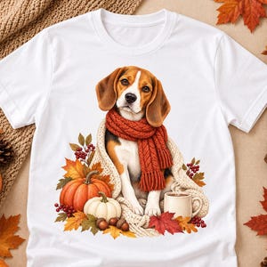 May include: A white short-sleeve t-shirt featuring a graphic of a beagle dog wearing a thick, textured orange scarf. The dog is wrapped in a cream-coloured knit blanket, surrounded by orange and white pumpkins, red berries, and autumn leaves.