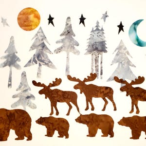 May include: A whimsical illustration featuring a forest scene with brown moose and bears, gray and white trees, a yellow sun, a blue and green crescent moon, and black stars against a white background.