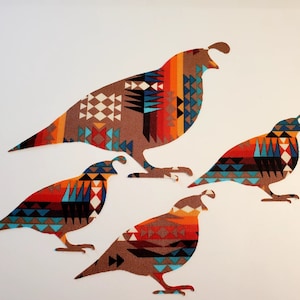 May include: Four stylized quail silhouettes with intricate patterned designs in shades of brown, orange, teal, and white. The birds are arranged against a plain white background, showcasing the detailed textile patterns.