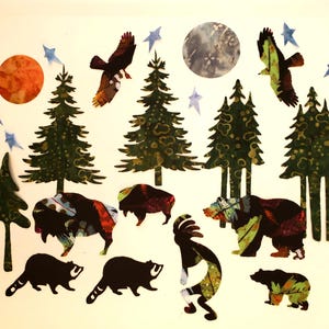 May include: A whimsical collage featuring a forest scene with trees, animals, and celestial elements. The image includes eagles, bears, bison, badgers, and a Kokopelli figure. The color palette includes shades of green, brown, orange, and blue.