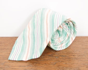 1990s Polo Ralph Lauren Striped Linen Tie with pastel green, red, purple & white diagonal stripe