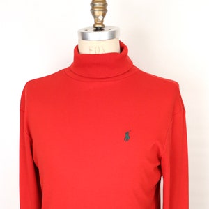 1990s Ralph Lauren Turtleneck in Red Cotton with Green Polo Player Chest Logo / men&#39;s small