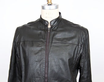 1990s Black Leather Jacket w/ racing collar & reversible sweater lining / men's medium