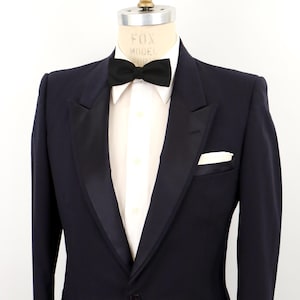 1980s Navy Blue Tuxedo Jacket with black satin peak lapel / size 40 / men&#39;s slimmer-fitted medium