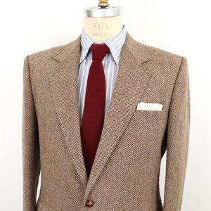 1980s Brown Tweed Sport Coat with leather knot buttons & herringbone wool / size 44 / men's large
